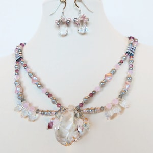 Beautiful Two Strand Necklace, Collar Style Necklace, Pinks and Greys, Swarovski Crystal Focal With Silver Plated Accents, OOAK, ME-331