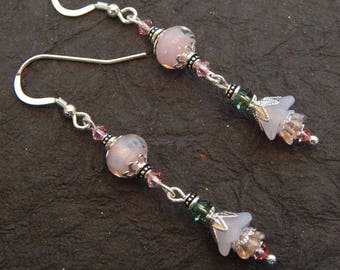 Pink Lampwork Earrings w/Flower Swarovski Crystal Earrings Glass Flower w/Swarovski Crystals Sterling Silver Earwires ME-487