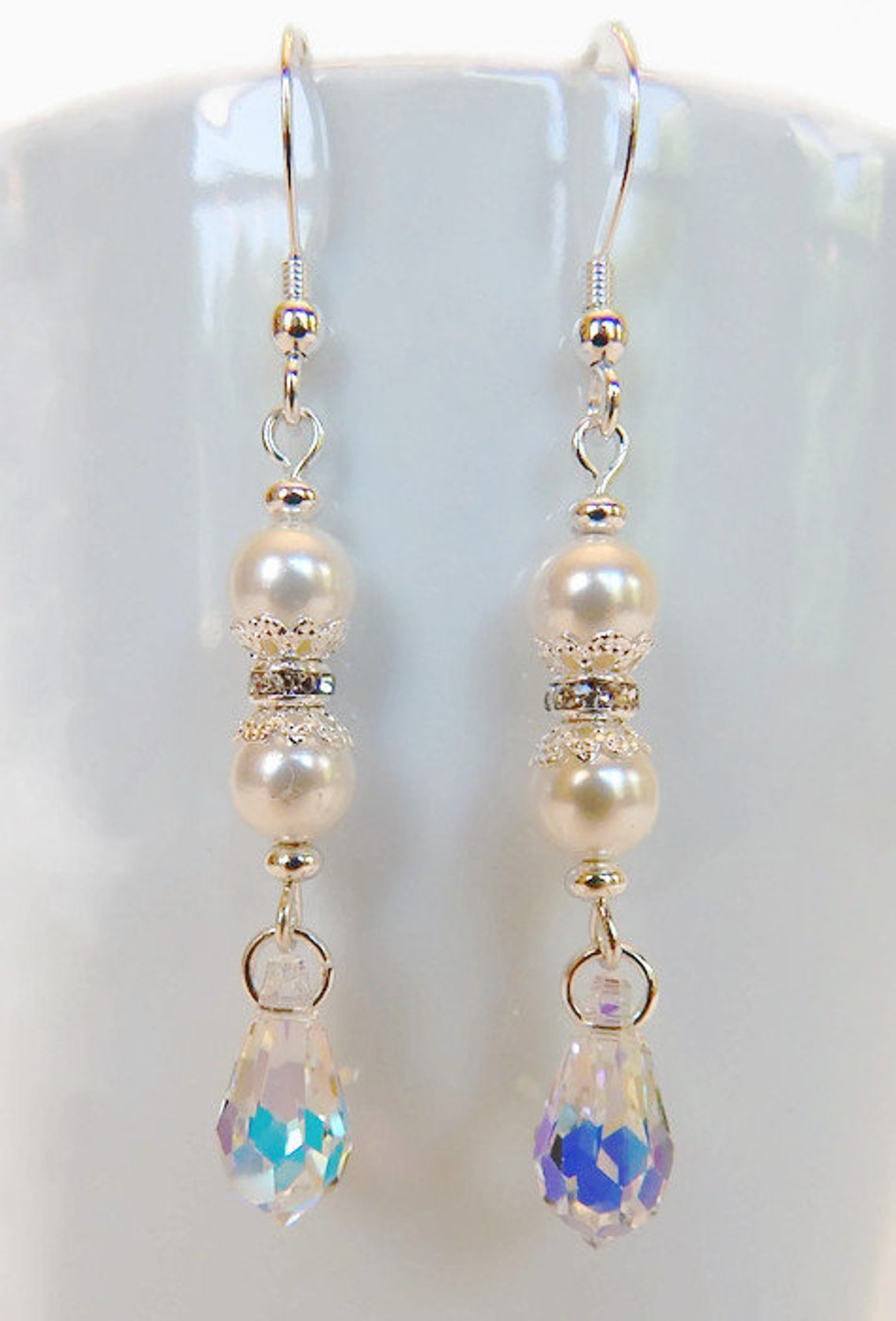 925 Argent Blanc Perle & Cristal Fireball Collier, Bracelet & Earrings Set
