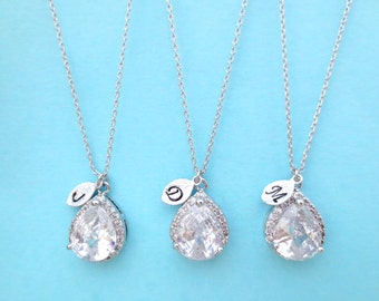Initial Bridal Silver Personalized Set of 1-4 Gold Necklace Sets Wedding Jewelry Clear Gift Bridesmaid Letter Cubic