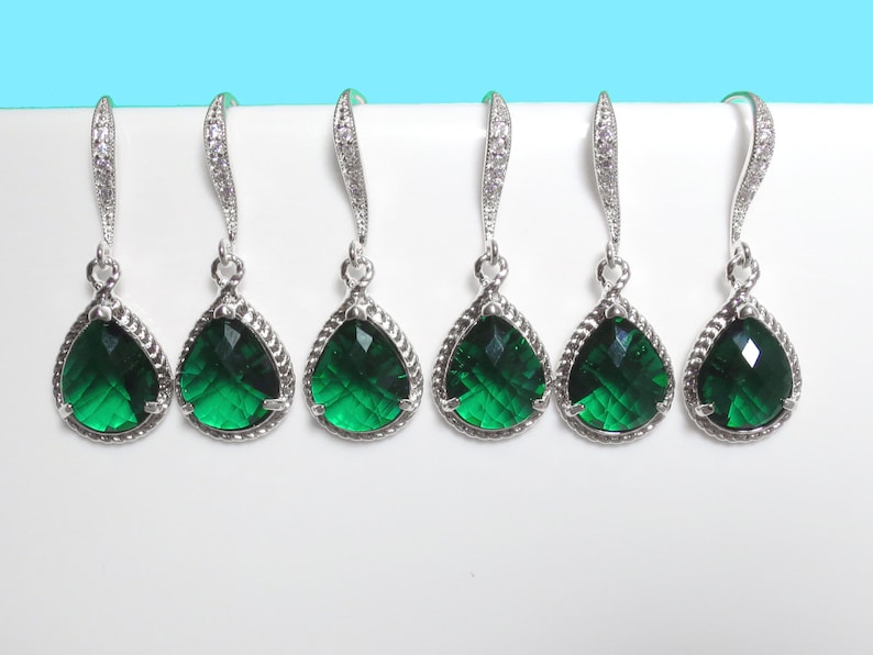 Bridal Sets Cubic Green Silver Wedding Gift Glass Emerald Set of 5-10 Pairs Bridesmaid Earrings Jewelry Hooks