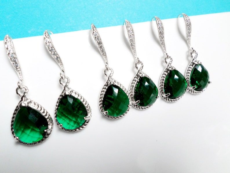 Bridal Sets Cubic Green Silver Wedding Gift Glass Emerald Set of 5-10 Pairs Bridesmaid Earrings Jewelry Hooks