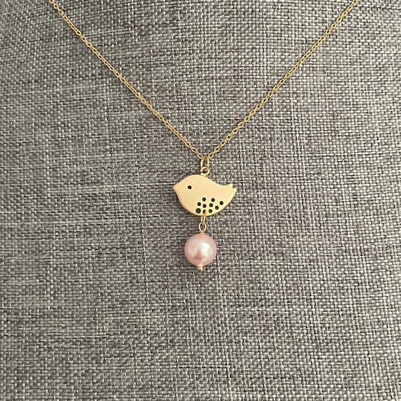Gold Bird Necklace With Rosaline Swarovski Pearl – Cute Bird