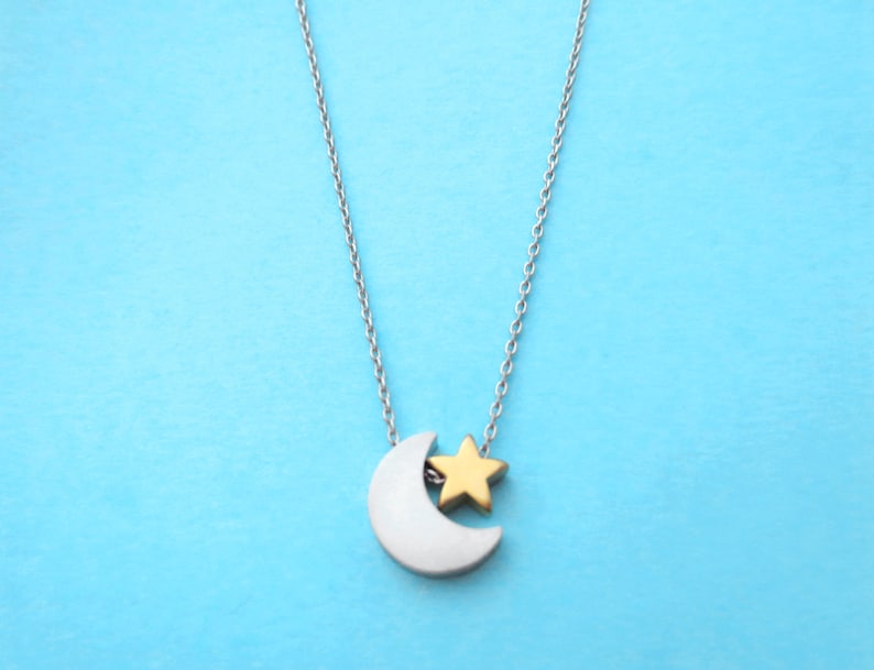 Silver Christmas Sister Moon and star Necklace Silver crescent moon and gold star Jewelry Friendship Necklace Birthday Mom Gift