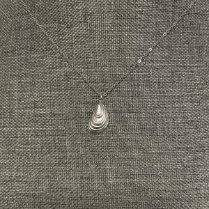 May include: A silver necklace featuring a layered seashell pendant. The pendant is crafted from multiple layers of metal, resembling the layers of a seashell.