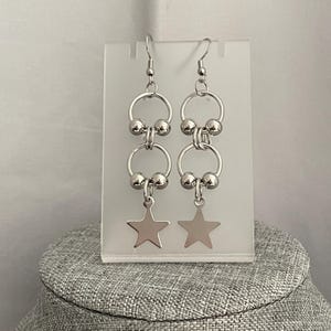Stainless Steel Star Dangle Earrings – Modern Drop Earrings with Rings and Beads – Hypoallergenic Lightweight Statement Jewelry