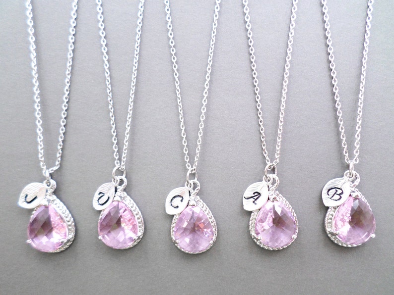 Bride Initial Wedding Letter Pink Silver Bridesmaid Necklace Personalized Jewelry Sets Glass Set of 5-10 Gift