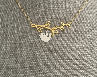 Mixed Metal Sloth Necklace – Gold Plated Branch with Silver Sloth Charm – Cute Animal Jewelry – Minimalist Necklace – Nature-Inspired
