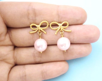 Tiny, Bow, Personalized, Pearl, Color, Gold, Silver, Earrings, Ribbon, Earrings, Birthday, Friendship, Bridesmaid, Gift, Jewelry