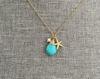 Collar de perlas turquesas con forma de estrella de mar y playa, bonito collar con dije colgante, joyería náutica oceánica para mujer, regalo para amantes de la playa.
