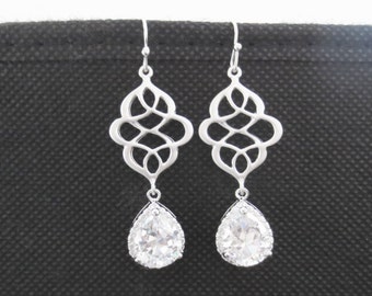 Sparkling, Cubic, Celtic Knot, Gold, Silver, Earrings, Dangle, Drop, Earrings, Hook, Cubic, Zirconia, Wedding, Party, Anniversary, Gift