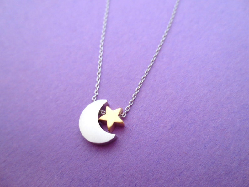 Silver Christmas Sister Moon and star Necklace Silver crescent moon and gold star Jewelry Friendship Necklace Birthday Mom Gift