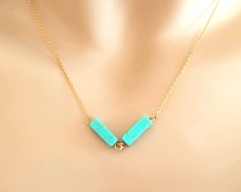 Modern, Double, Turquoise, Chevron, Bar, Gold, Silver, Necklace, Birthday, Friendship, Mom, Sister, Gift, Jewelry