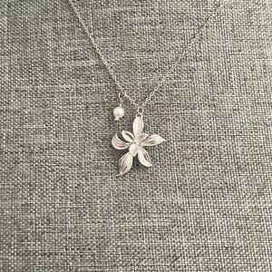 Floral Necklace with Swarovski White Pearl - Delicate Flower Pendant, Elegant Silver Plated Jewelry, Classic Gift for Her, Bridal Accessory