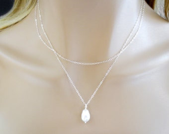 Double layered, White, Pear, Pearl, Gold filled, Sterling silver, Necklace, Birthday, Best friends, Mom, Sister, Gift, Jewelry