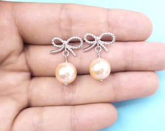 Tiny, Bow, Pink, Peach, Ivory, White pearl, Gold, Silver, Earrings, Ribbon, Earrings, Birthday, Friendship, Bridesmaid, Gift, Jewelry