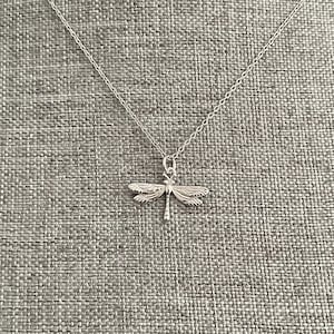 May include: A silver necklace with a dragonfly pendant. The dragonfly is detailed and has delicate wings.