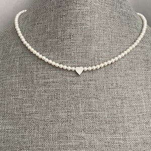 Swarovski White Pearl Heart Necklace - 4mm Pearl Strand - Minimalist Heart Bead Choker - Dainty Bridal Jewelry - Handmade Gift for Her