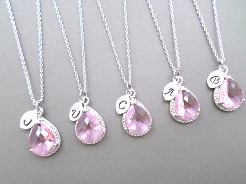 Bride Initial Wedding Letter Pink Silver Bridesmaid Necklace Personalized Jewelry Sets Glass Set of 5-10 Gift