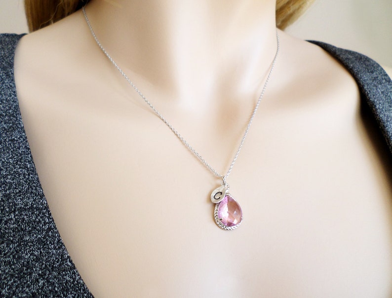 Bride Initial Wedding Letter Pink Silver Bridesmaid Necklace Personalized Jewelry Sets Glass Set of 5-10 Gift