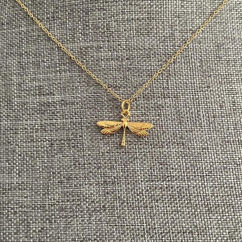May include: A gold chain necklace with a delicate dragonfly pendant.