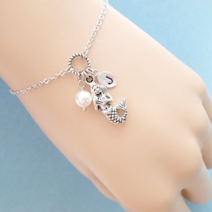 Personalizado, Letra, Inicial, Sirena, Perla, Plata, Pulsera/Tobillera, Cumpleaños, Amistad, Mamá, Hermana, Regalo, Joyería