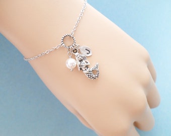 Personalized, Letter, Initial, Mermaid, Pearl, Silver, Bracelet/ Anklet, Birthday, Friendship, Mom, Sister, Gift, Jewelry