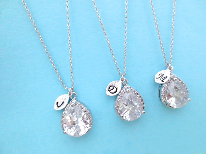 Initial Bridal Silver Personalized Set of 1-4 Gold Necklace Sets Wedding Jewelry Clear Gift Bridesmaid Letter Cubic