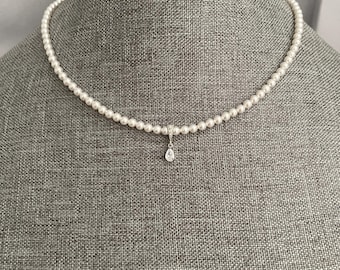 Tiny Teardrop Pearl Necklace – Swarovski Pearl Princess Choker with Crystal Drop, Dainty Bridal Jewelry, Elegant Wedding Necklace for Her