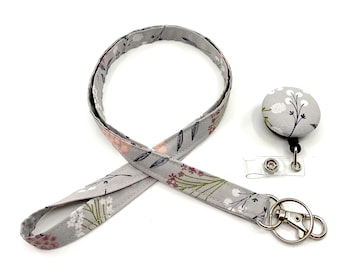 Gray Floral Lanyard with Badge Reel/Breakaway Lanyard/Fabric Lanyard/Nurse Teacher lanyard/Name Tag Lanyard/Neck lanyard/Free ID Holder