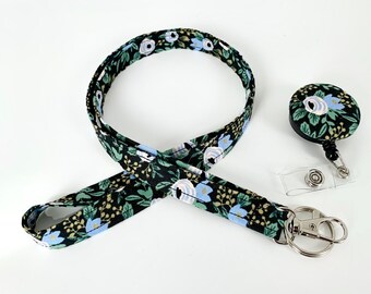 Rosa in Black lanyard with Badge Reel/Breakaway Lanyard/Nurse Teacher Lanyard/Fabric Lanyard/Rifle Paper Co Lanyard/Free ID Holder