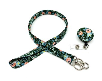 Hunter Rosa Floral lanyard with Badge Reel/Breakaway Lanyard/Rifle Paper Lanyard/ID Badge Lanyard/Teacher Lanyard/Free ID Holder