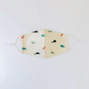 May include: A white face mask with a pattern of colorful dinosaurs. The mask has elastic ear loops.