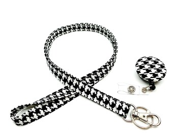 Houndstooth Lanyard with Badge Reel/ Breakaway Lanyard/Fabric Lanyard/Fabric Key Strap/Name Tag Lanyard/Free ID Holder