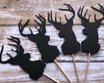 Deer Head Cupcake Toppers... Young Wild & Three... Black... Baby Boy... Lumberjack... Wild One