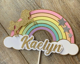 Rainbow Unicorn Cake Topper... Rainbow Summer party... First Birthday... One... Personalized... Baby Girl... Pastel Rainbow