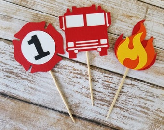 Firefighter Cupcake Toppers... Baby boy... First Birthday... Fireman...