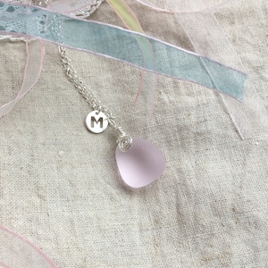 Handmade Sterling Silver Pink Sea Glass Necklace, Personalized Initial Letter Name Pendant, Adjustable Beach Glass Jewelry