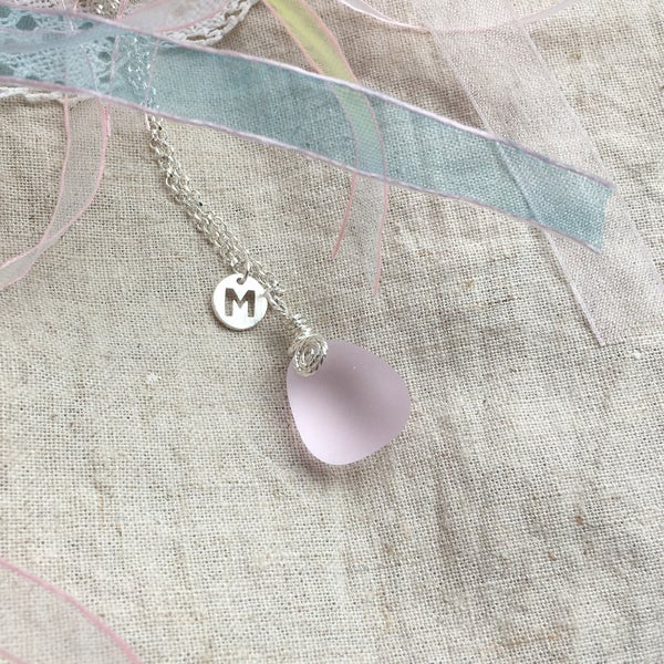Handmade Sterling Silver Pink Sea Glass Necklace, Personalized Initial Letter Name Pendant, Adjustable Beach Glass Jewelry