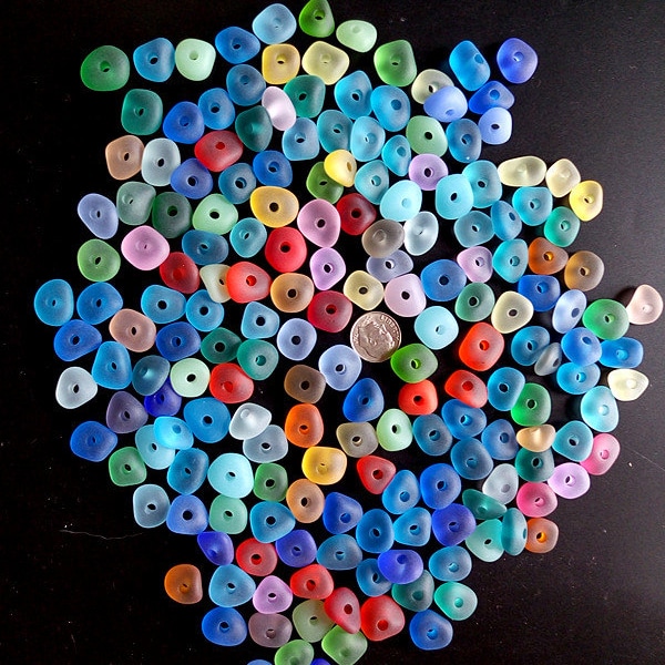 10 pcs 3 mm big hole  center drilled beach sea glass lot bulk wholesale blue green yellow red white jewelry use