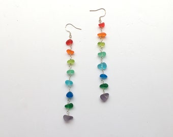 Sterling Silver Rainbow Sea Glass Earrings, Beach Glass Earrings Jewelry