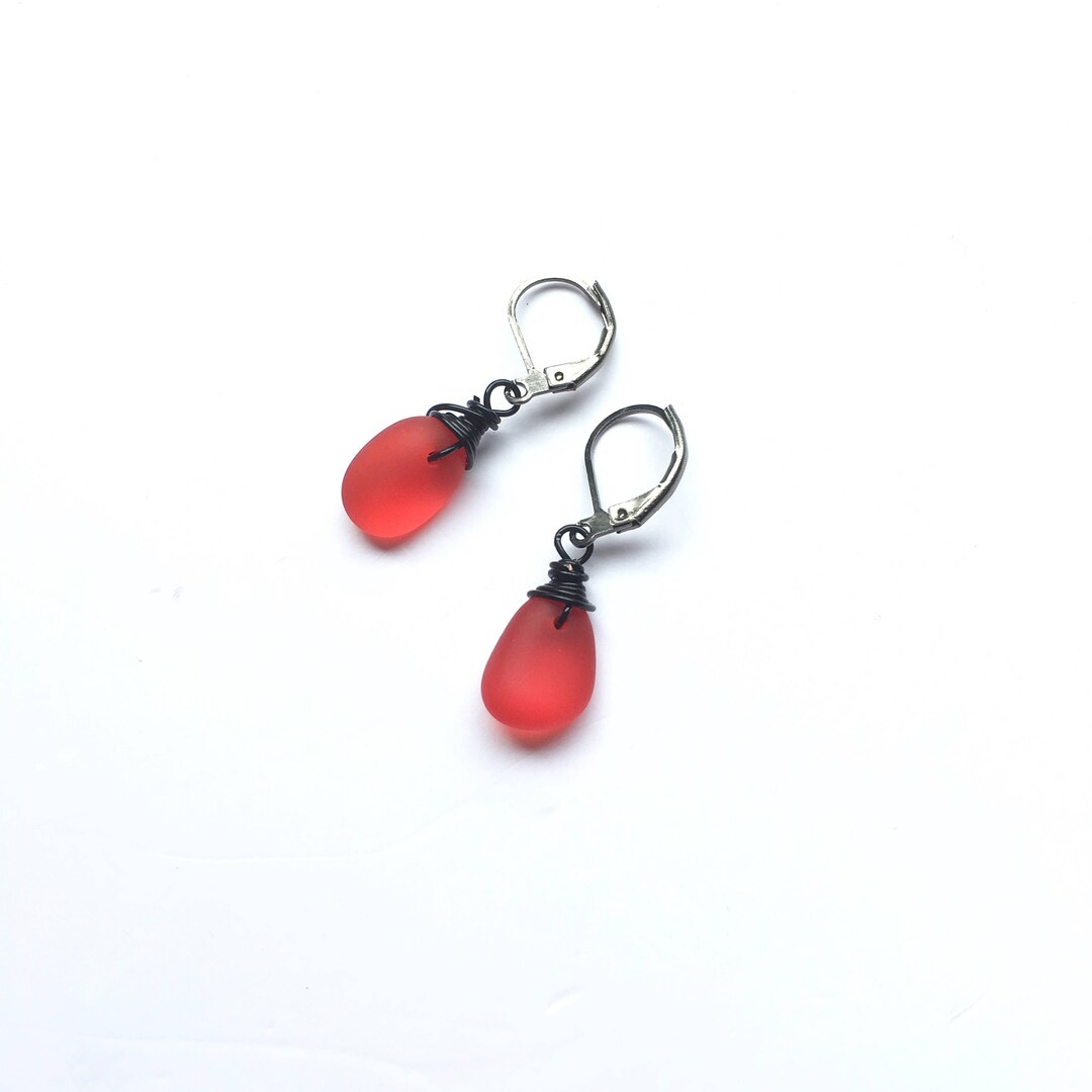 Dark Style Red Sea Glass Earrings Hand Wrapped Cooper Wire - Etsy