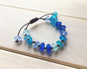 Handmade Blue Sea Glass Bracelet, Adjustable String Knot Sennit Bracelet,  Beach Glass Jewelry, Marine Style Jewelry