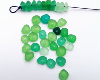 10 Pieces Green Beach Glass Beads, 3mm Holes Center Drilled, Jewelry Making Supplies