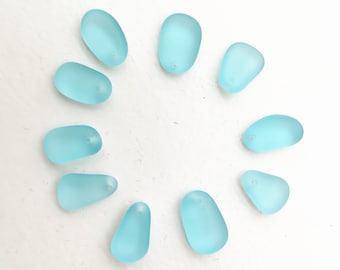 10 Light Blue Top Drilled Sea Glass Pendants, Jewelry Making