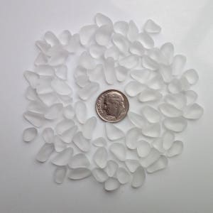 Puede incluir: Una colección de piezas de vidrio de mar blanco, algunas con un acabado esmerilado, dispuestas en círculo alrededor de una moneda de diez centavos de dólar estadounidense. El vidrio de mar es de varios tamaños y formas.