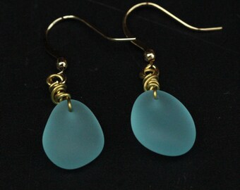 Handmade Light Blue Beach Sea Glass Earrings with Gold Plated Hook