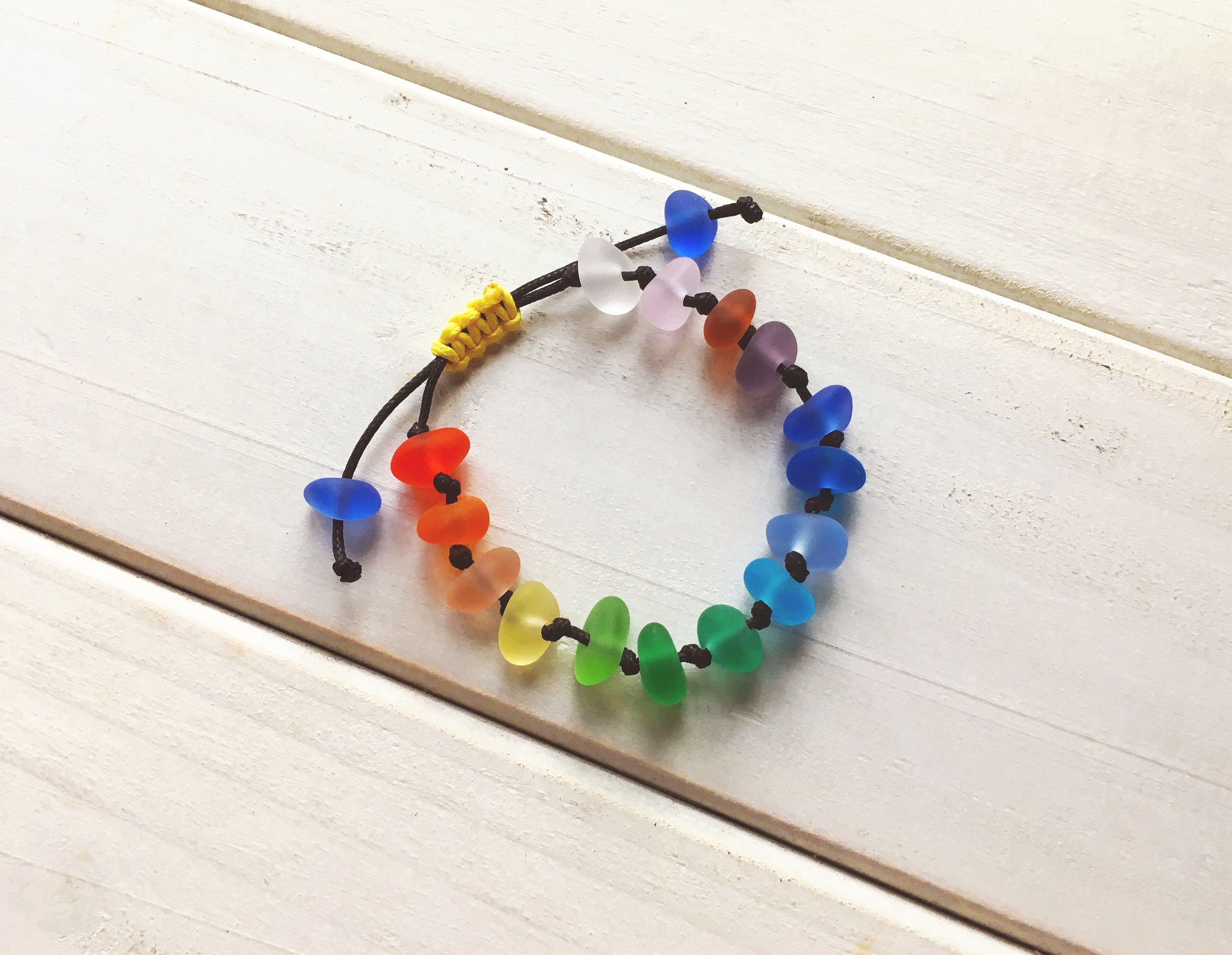 Handmade Rainbow Sea Glass Bracelet, Adjustable Sennit Knot