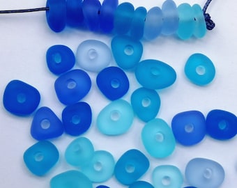 10 pcs 3 mm big holes  center drilled beach glass sea glass lot bulk wholesale blue cobalt aqua jewelry making, earrings making