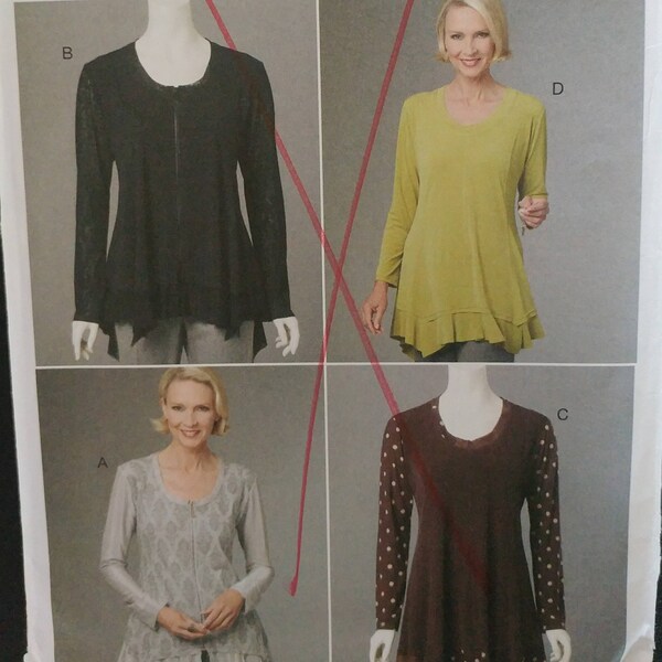 Size 16-18-20-22 Womens Sewing Pattern Moderate Stretch Knits Vogue Semi Fitted Princess Seams Flounce Hem Long SleeveTunic Top T Shirt